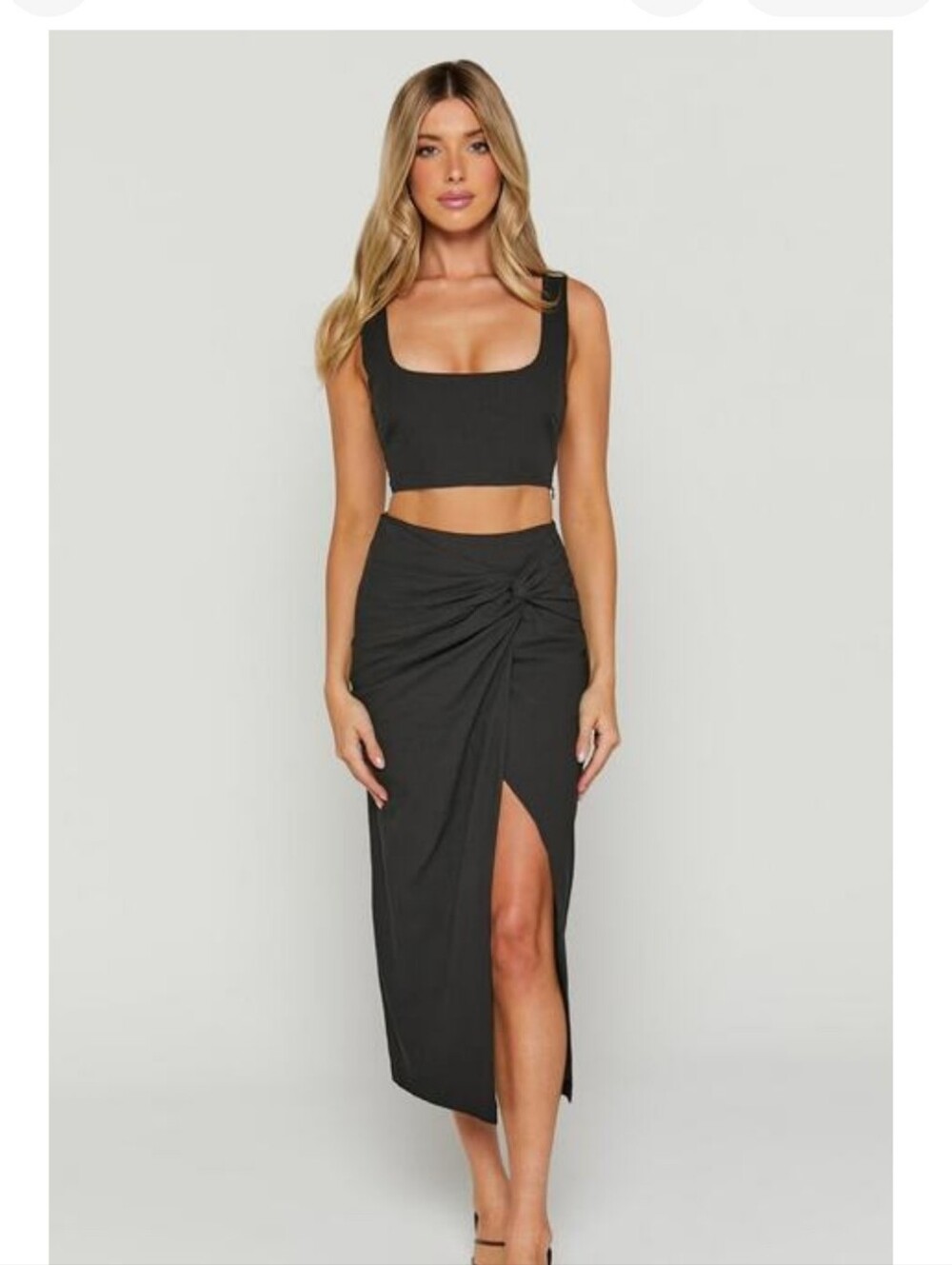 Showpo. Black Twist Knot Midi Skirt with Side Slit - Picture 1 of 8